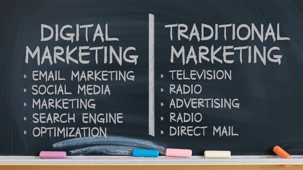 A photo of a chalkboard with two columns. The left column is labeled "Digital Marketing" and has bullet points about email marketing, social media marketing, and search engine optimization. The right column is labeled "Traditional Marketing" and has bullet points about television advertising, radio advertising, and direct mail. There are chalk splatters on the floor below the board.