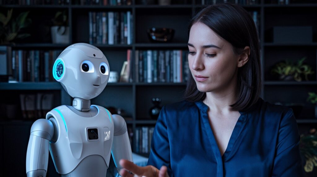 A photo of a digital marketer and an AI robot in a dark setting. The digital marketer is a woman with dark hair wearing a blue blouse. The AI robot has a metallic body with a circular head. The background contains a bookshelf.
