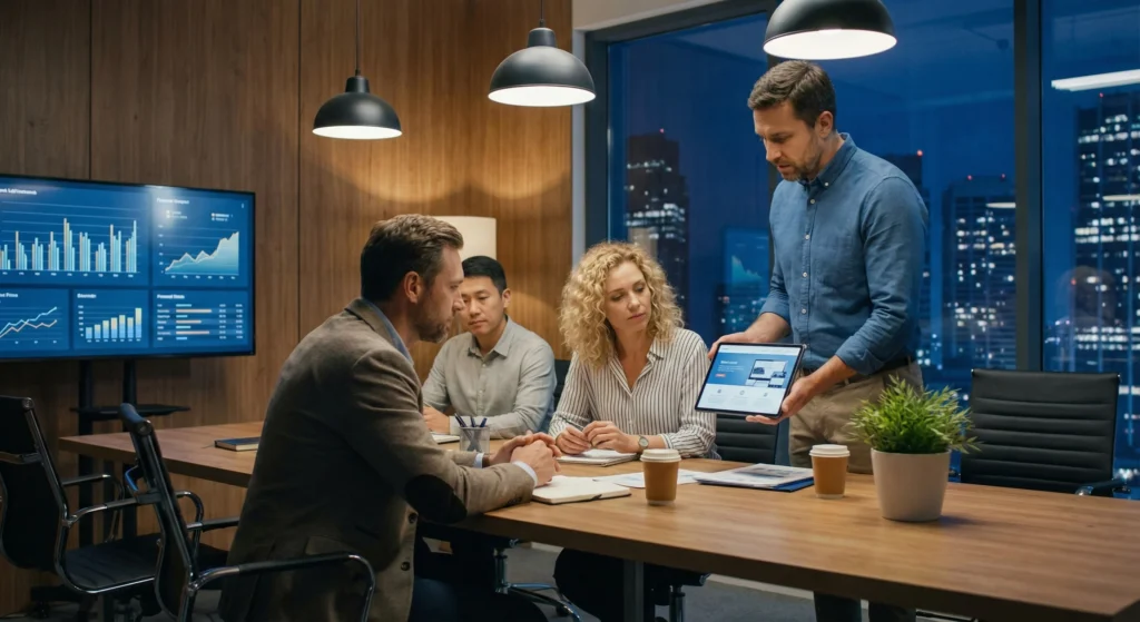 Marketing team reviewing digital marketing strategy and performance metrics during a business meeting