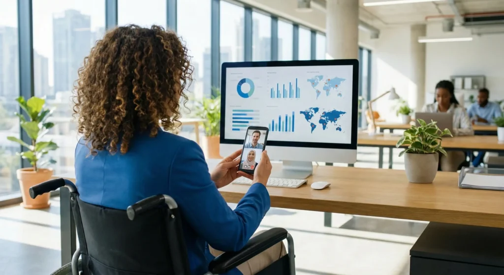 Business professional reviewing digital marketing analytics and dashboards during a virtual meeting in a modern office