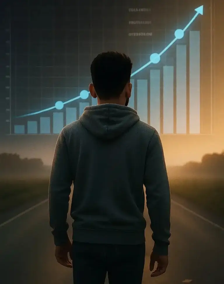 A man standing on an open road at sunrise, looking toward a large projected graph rising upward, symbolizing growth, ambition, and strategic progress. The image reflects the journey and mindset of the best digital marketing freelancer in Kochi in Kochi, representing vision, long-term planning, and continuous advancement in the digital marketing landscape.