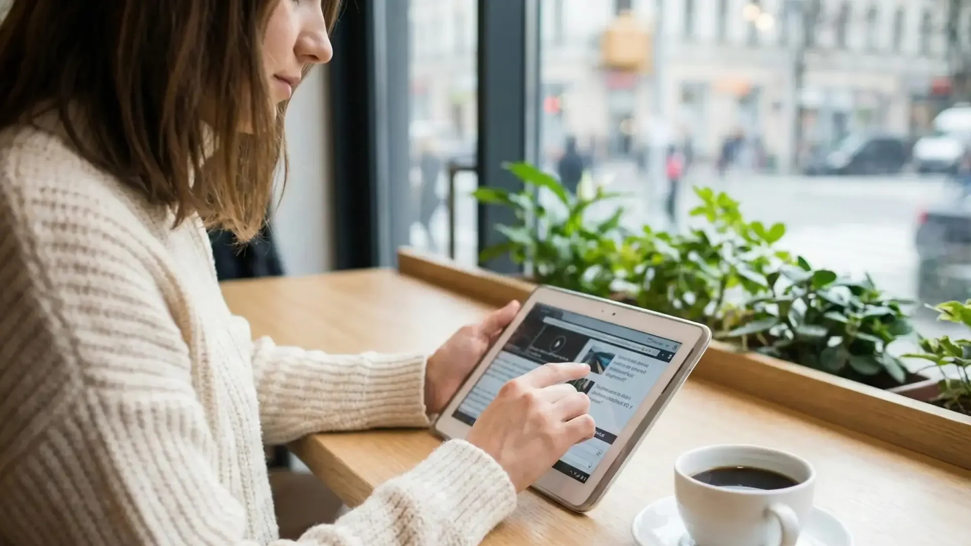 Person using tablet to analyze digital marketing content for business growth in a modern workspace