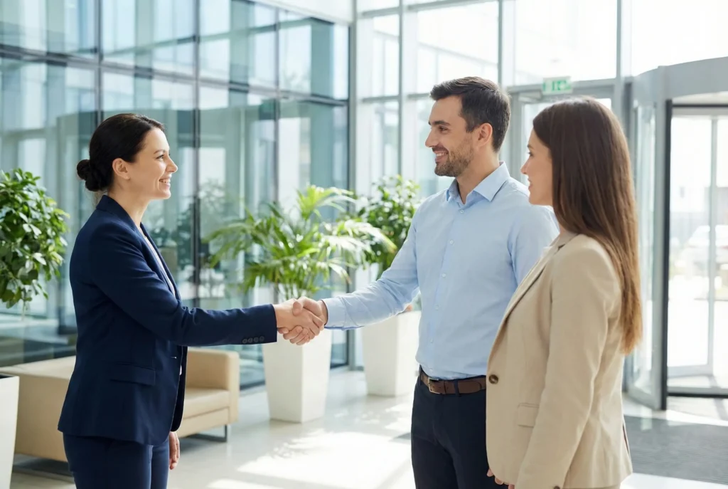 Business professionals shaking hands to finalize a partnership agreement in a modern office
