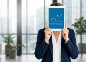 Business professional holding tablet showing upward growth chart representing business growth and performance improvement