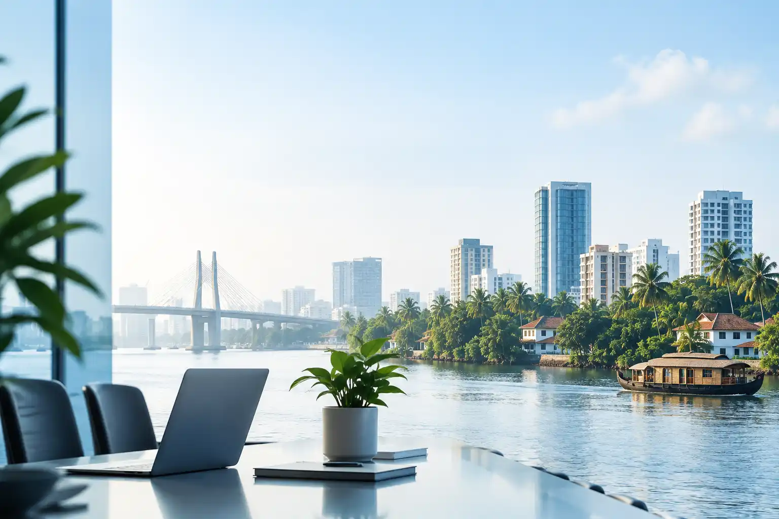 Professional workspace overlooking the Kochi cityscape, representing local SEO growth
