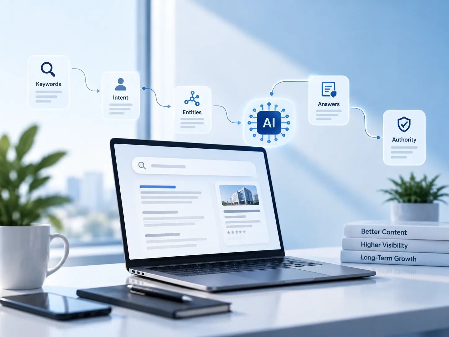 AI-driven search process connecting keywords, intent, entities, answers, and authority