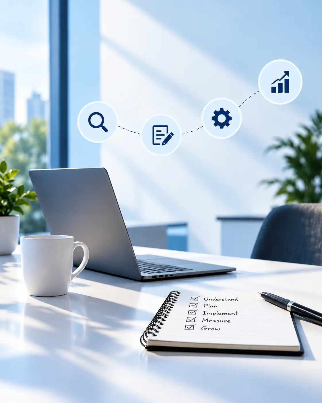 SEO strategy workspace showing a structured process from planning to growth